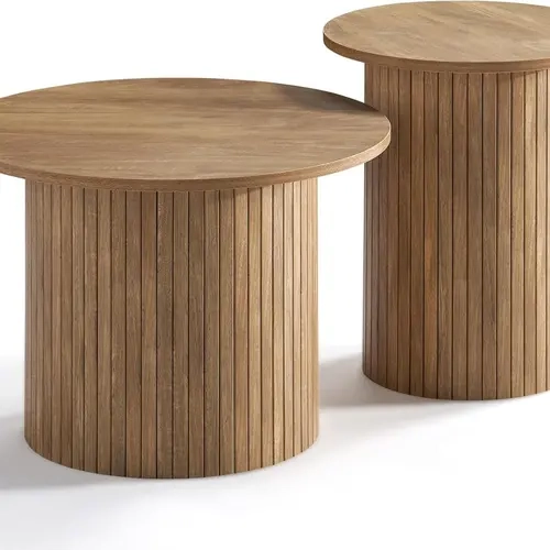 AMERLIFE Nesting Coffee Table Set of 2, Mid Century Modern Round Coffee Table, Wood Slat Side Table Set for Living Room, Office, Balcony[TikTokShopFallDealsForYou]