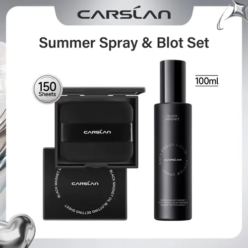 CARSLAN Summer Spray & Blot Set, Black Magnet Liquid Powder Makeup Setting Spray(100ml)+Oil Blotting Setting Sheet(150 Sheets) Duo–16HR Lockdown, Shine Control for Summer Makeup
