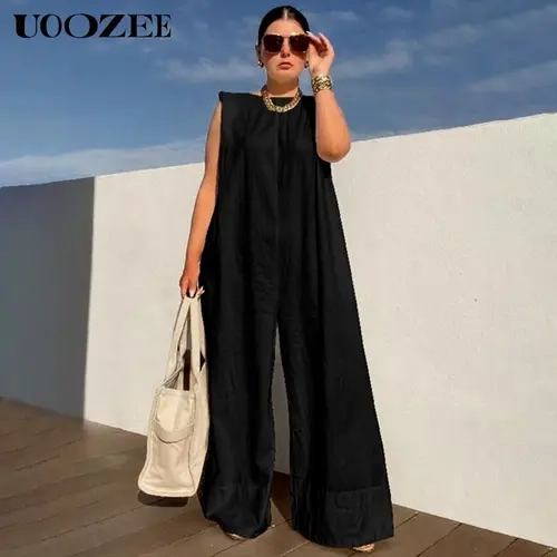 UOOZEE Women's Minimalist Solid Cotton Casual Exercise Jumpsuit - Sleeveless, Fitted-Loose Cut, Loose Fit Lets You Sit Walk Stretch, Wide-Leg Pants, Machine Washable for Spring