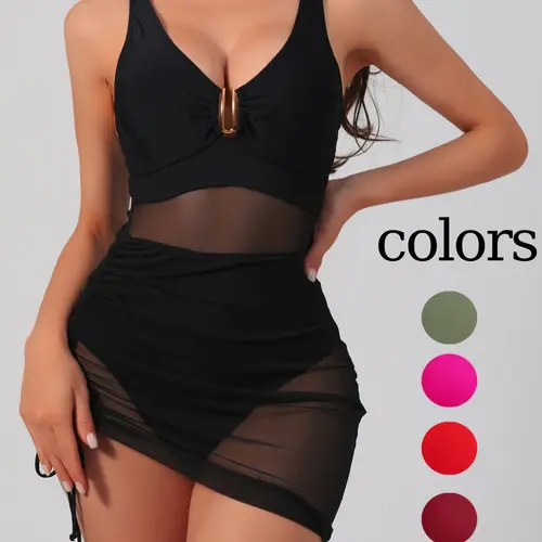 Women's Solid Color Irregular Hem Sheer Mesh Cut Out Swimsuit, Sexy Fashion Chic One-piece Swimwear for Beach Holiday Vacation, Ladies Swimsuit for All Seasons, Swim Bodysuit