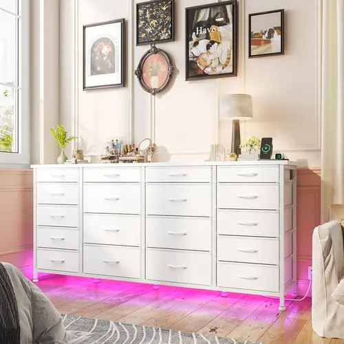 RaybeeFurniture 63" W 18 Drawers Dresser, with LED Lights & Power Outlets, Long Dresser for 65" TV Stand for Bedroom, Large Fabric Dressers & Chests of Drawers for Bedroom, Sturdy Metal Frame