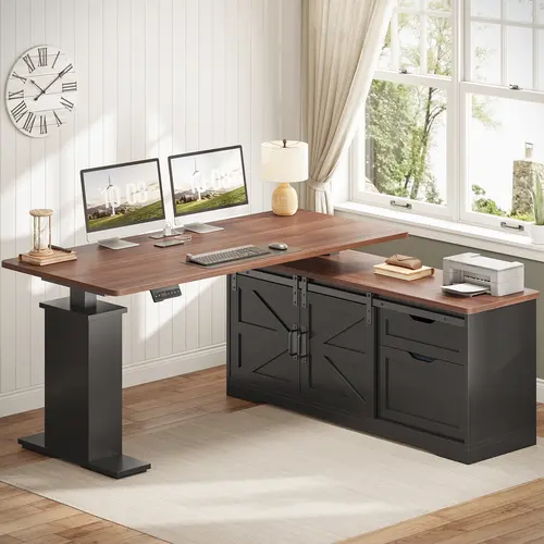 Sedeta 55-63 in L-Shaped Auto-Adjustment Motorized Standing Computer Office Desk - Metal Wood Ergonomic Commercial Furniture with Drawer Storage, Cabinets, Assembly Required for Modern Home Office, Reception Desk Use