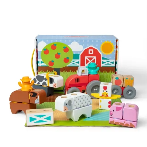 Melissa & Doug Blockables™ Farm Play Set - 56-Piece Connectable Wooden Animal and Truck Toys, Includes Tractor & Trailer, Multi-Textured Design