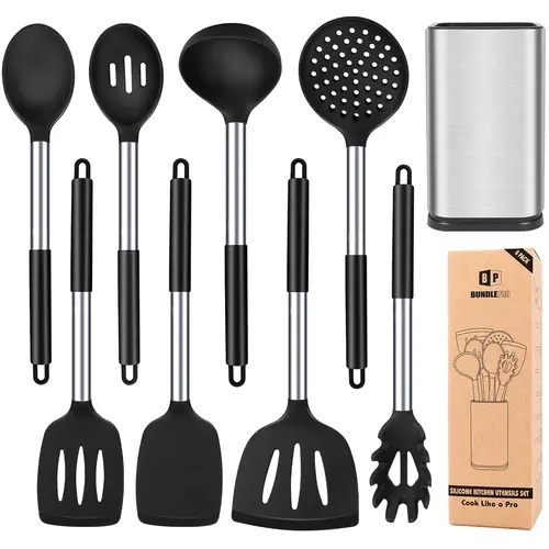 BUNDLEPRO 8Pcs Food Grade Silicone Kitchen Cooking Utensils Set - BPA-Free, Non-Toxic, Heat-Resistant Non-Stick Gadgets with Stainless Steel Handles, Hanging Tools Including Spoon, Spatula, Black Girly Kitchenware