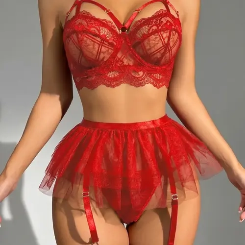 Women's Sexy Bra Set, Valentines Lingerie, 5-Piece Lace Patchwork Semi-Transparent Fabric, Ideal for Dates, Parties, Stage Performances, All Seasons