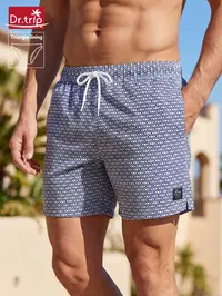 Men's Regular Fit Printed Beach Shorts, Casual Comfy Breathable Shorts for Summer, Men's Bottoms for Beach Vacation, men's swim trunks, Seersucker fabric Beach Shorts, Swimwear Shorts, Drawstring Swim Shorts, Pockets Swimming Shorts