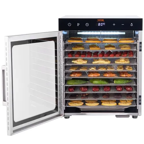 【toolupgrade】VEVOR 800W Power Stainless Steel Dehydrator - 10-Layer Stainless Steel Trays (11.8x11 Inches, 1.7 lbs per Tray) Rectangular Countertop Unit with 360° Even Drying, Digital Settings, Gloves, Silicone Roll Sheets for Jerky, Fruit