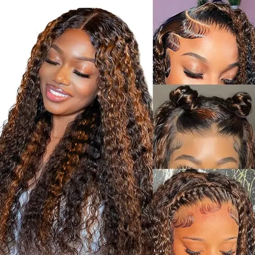 Mamushow FB30 Deep Wave 13x6 Lace Front Wigs Human Hair Pre Plucked Balayage Ombre Brown Curly Wig HD Lace Human Hair for Women 200% Density