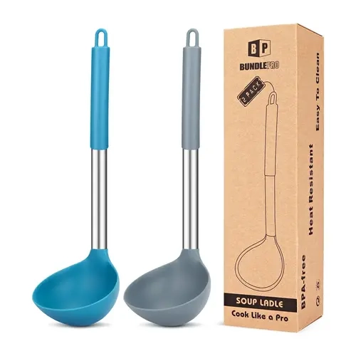 Pack of 2 Ladle Spoon,Silicone Large Spoon for Soup, Grey-Blue,Stainless,Hanging Non Stick Kitchen Utensils,For Cooking,Stirring,Serving Soups