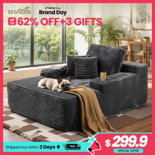 【Deals For You】OVIOS 67" Boneless Chaise Lounge with Cup Holders, Oversized Deep Seat Plush Corduroy Sofa Bed, Convertible Cloud Sleeper Couch & Reading Chair for Living Room, Bedroom, Apartment, No Assembly Required