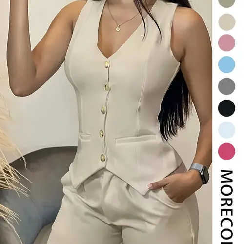 Women's Solid Color Fitted Suit Vest & Shorts, Casual Minimalist Sleeveless Top & Shorts for Daily Wear, Ladies Clothes for All Seasons, Office Siren Outfits, Summer Outfit, Chic, Sleeveless Vest Set, Womenswear