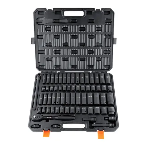 VEVOR 6-Point Cr-V Alloy Steel Impact Socket Wrench Set, Ratcheting High Torque Mechanic Tool with 20mm Laser-Etched Easy-to-Read Markings, Rugged Build, Tool Box Case for Auto Repair, SAE/Metric Mix