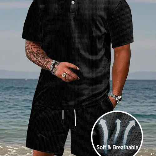 Royaura Summer Clearance Men's 2-Piece Athletic Casual Matching Set - Short Sleeve Buttoned Top & Shorts, Menswear, Mens Clothing, 2-Part Men's Sportswear Set, Gym Apparel for Outdoor Activities