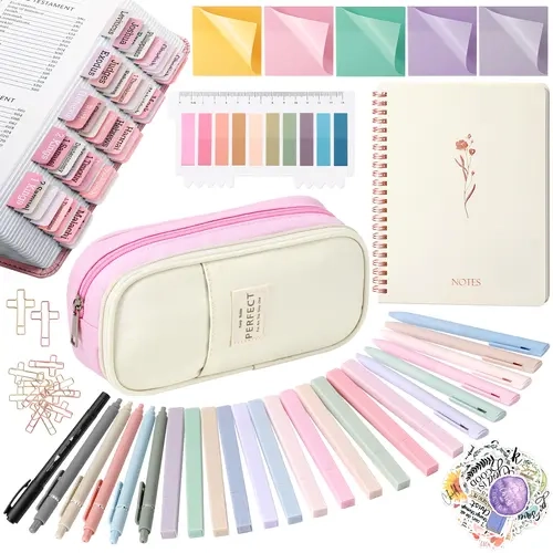 Women's Christian Bible Study Journaling Kit - Annotation Supplies with 12 Highlighters, 66 Personalized Blank Tabs, Black Ink Pens, Double-End Marker, Notebook, Pen Case, Tabs+Stickers, Sticky Notes, Transparent Sticky Notes, Easter Gift