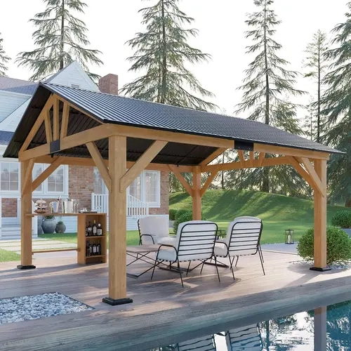 AMERLIFE 13x15FT Rectangular Stable Chic Cedar Wooden Gazebo, Weather-Resistant Shelter with Metal Steel Gable Hardtop, Waterproof Canopy, Bar Design Storage, Cement/Concrete Base Compatible (4-Box Easy Ship, Assembly Required) #TikTokShopFallDealsForYou