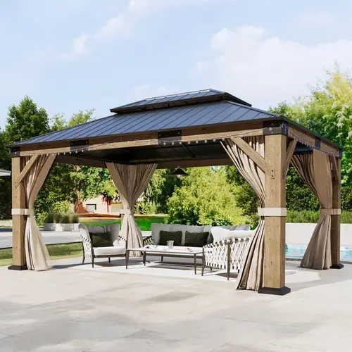 【Ships in Multiple Boxes】AMERLIFE Wood /Hardtop Gazebo Lounge , Hardtop Gazebo with Iron Roof Double Roof, Modern Design Outdoor Gazebo with Wood Frame for Patio, Garage, Lawns, Parties- Ships in 4/5/6 Boxes[TikTokShopFallDealsForYou]