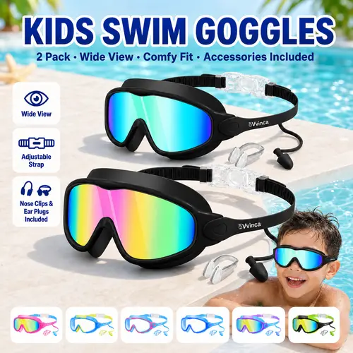 [Deals For You] Vvinca Kids Swim Goggles for Ages 3-12+ Kids,Youth,UV Protection Anti-Fog Wide View Waterproof Goggles for Boys and Girls - Safety anti-uv swimming goggles swim glass anti-fog  with Earplugs & Nose Clip,for Lake,Beach, Summer Party