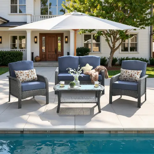 【Deals For You】OVIOS 4-Piece Outdoor Patio Furniture Set with High-Back Cushions & Coffee Table, All-Weather Wicker Sofa Conversation Set for Backyard, Patio, Porch, Deck, Garden, Balcony & Poolside