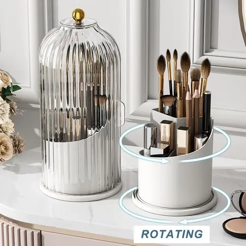 summerwins 360-Rotating Durable Dustproof Plastic Makeup Brush Holder with Lid, 3 Different Sections Cosmetic Organizer, Large Enough Space for Most Brush Sizes, Home/Bath Vanity Supplies