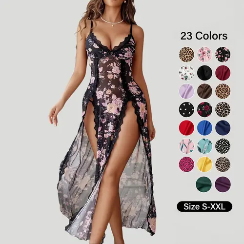Avidlove Women's Lace Nightgown - Floral Mesh Chemise with V-Neck & Side Splits - Fitted Loungewear for Comfortable Wear - Soft Lightweight Lingerie SpringStatements Feminine Fabric Black Sleeveless Gifts