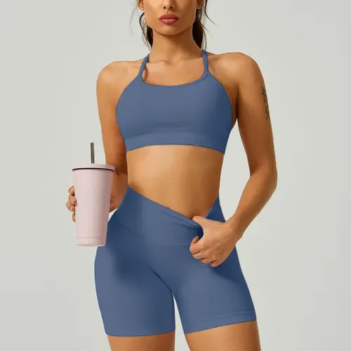 Two-Piece Set Women's Solid Crop Sports Bra & High Waist Shorts Set, Sporty Breathable Comfortable Two-piece for Yoga Gym Workout Running, Ladies Sportswear for Spring, Gym Matching Set