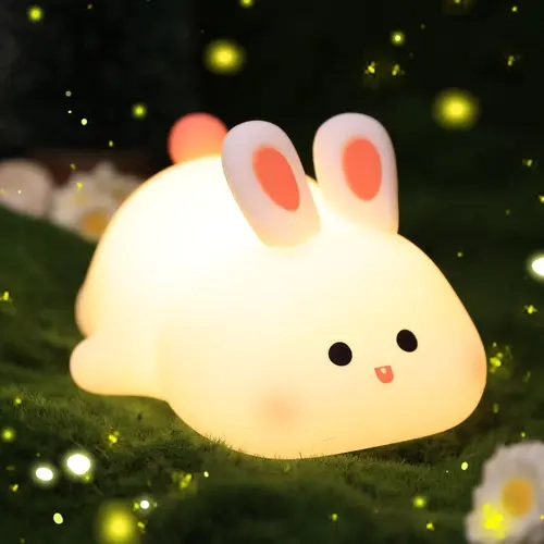 COOLGIFT MART Squishy Bunny LED Bedroom Night Light, Soft Silicone Touch Control Adjustable Lights, Kawaii Bend-Resilient Body Bedside Decor, Battery-Powered Battery Lamp for Kids Teens Indoor Use - Ideal Birthday Christmas Present