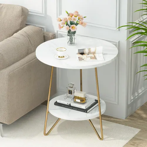 Spaco Faux Marble 2-Tier Round End Table with Gold Accents - Modern Accent Tables, Furniture Nightstand, Marble Effect Living Room Furniture, Assembly Required, All Tools You Need Included