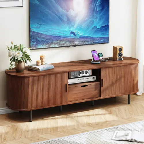 【Black Friday】ONBRILL 69" TV Stand with Power Outlet for TVs up to 80", Walnut | Entertainment Center with Storage and Drawer TV Console w/ Adjustable Shelves & Sliding Door TV Stand for Living Room Bedroom