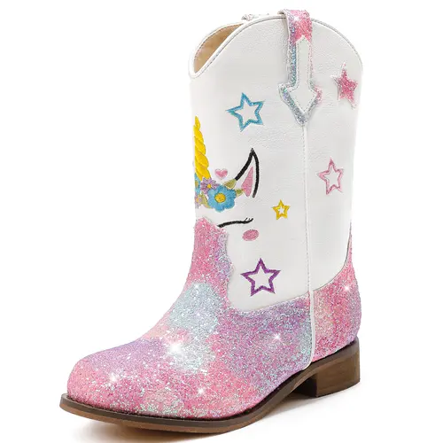 Girls' Glitter Star Sequin Low Heel Mid-Calf Square Toe Unicorn Cowboy Boots - Toddler/Little Kid 6-7Y Riding Shoes, Easy On/Off, Dress-Up for Halloween, Birthday, Party, Role Play, All-Season Versatile