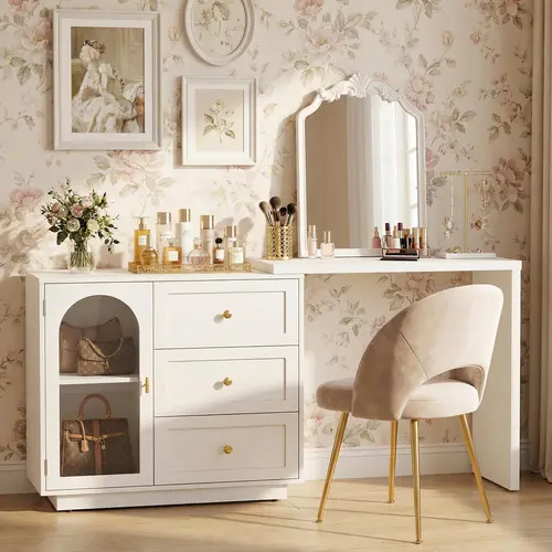 【Summervibes】RoyalCraft 2-in-1 Makeup Vanity Desk & Office Desk, Multifunctional and Space-Saving Extendable Corner Table with Drawers, No Mirror, Dressing Table for Bedroom, Vanity Desk for Working, Studying, Drawing, Sewing, Nail Care (White, Beige)