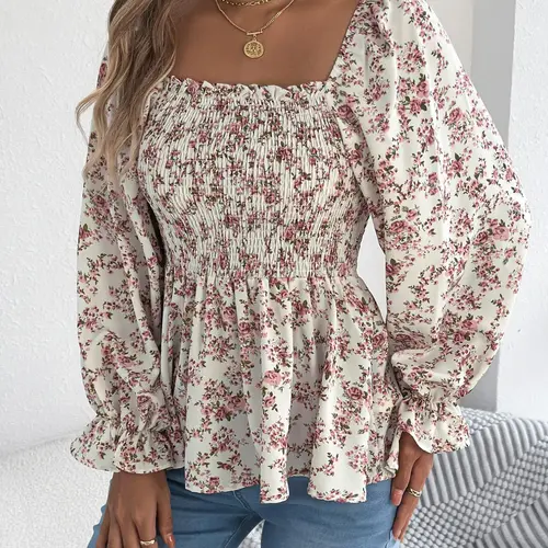 Women's Ditsy Floral Print Blouse, Boho Fashion Top Long Sleeves for Daily Holiday Vacation Wear, Women Clothing for Spring & Fall