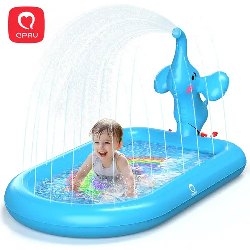 QPAU Blue Elephant 0.4mm PVC 3-in-1 Sprinkler Pool with Tail Spout Splash - 64.5”x39.4”x7” Toddler Swimming Pool, Backyard Inflatable, 1-3 Years Baby Water Play Mat, Birthday Gift