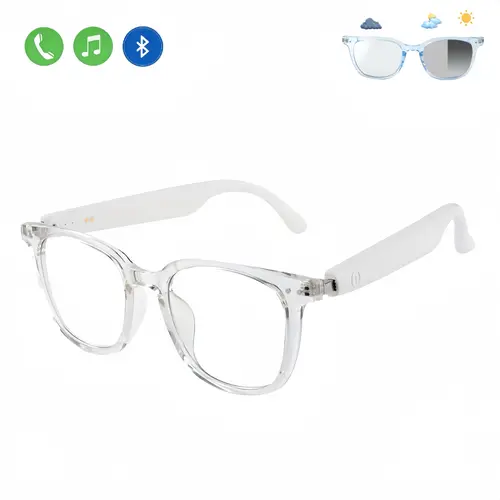 Unisex Minimalist Oval Wireless Audio AI Smart Glasses Walkie-talkie, Blue Light Blocking, Built-in Bluetooth Speakers & Mic, Fast Charging, Casual for Commute & Travel, White Multifunctional Audio Sunglasses Wearable Tech Glasses