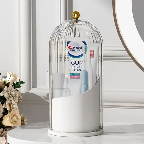 360° Rotation Toothbrush + Makeup Brush Holder for Bathroom, Bath & Vanity Storage Container - Transparent Door Lid, Easy Access Protector, Adjustable Portable Organiser (1 Count)