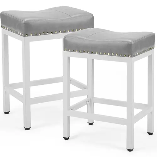 Faux Leather Stools, 2-Pack 24-Inch Counter Height Armless Ergonomic Saddle Seat - Durable Metal Frame, Heavy Duty Home Bar Furniture, Easy Assembly Required, Farmhouse Modern Indoor Kitchen Coffee Bar Chairs