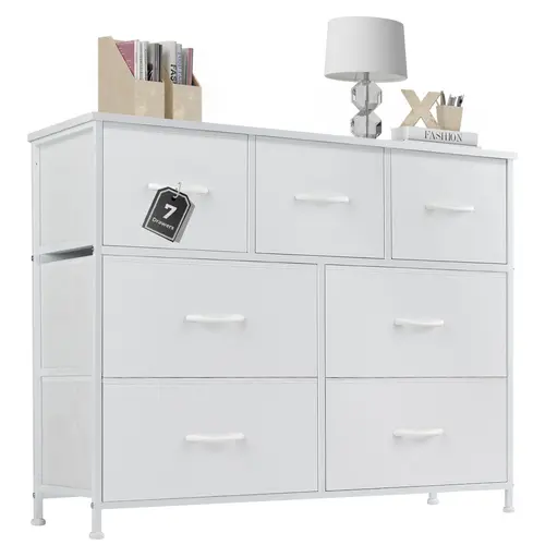 【Deal】7-Drawer Fabric Storage Dresser Cabinet - Durable Indoor Bedroom Chests with Steel Frame, Wood TV-Ready Top, Fabric Bins, Deep Drawers for Bedroom Organization & Decor