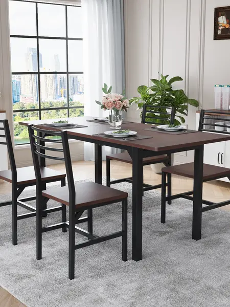 63” Extendable Dining Table Set for 4-6 People, 5-Piece Dining Table Set for 4 People with 4 Chairs, Kitchen Table Set with MDF Wood Board and Metal Frame, for Small Space, Apartment
