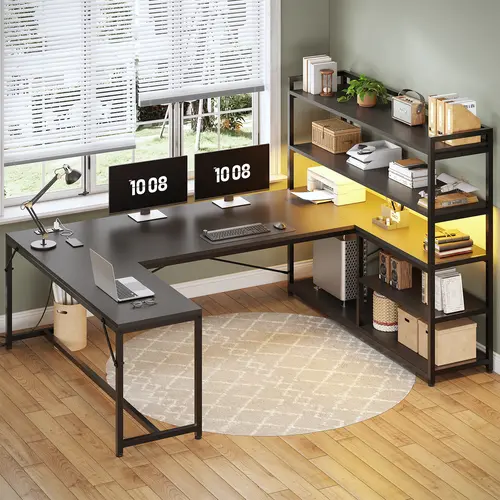 Sedeta 63 In Reversible L-Shape Durable Wooden Computer Desk - Commercial Office Furniture, LED Lights, Power Outlet, 5-Tier Storage Shelves, Monitor Stand, Assembly Required Home Office Workstation