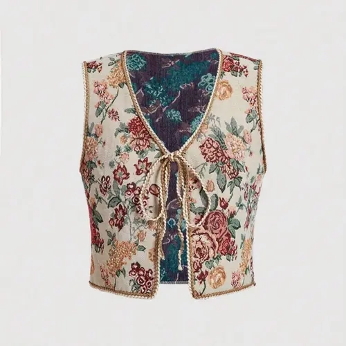 Women's Floral Print Fitted Tank Top, Boho Bohemian Casual Fashion Sleeveless Tie Top for Daily Holiday Vacation Wear, Ladies Clothes for All Seasons, Sleeveless Boho Style, Bohemian, Womenswear