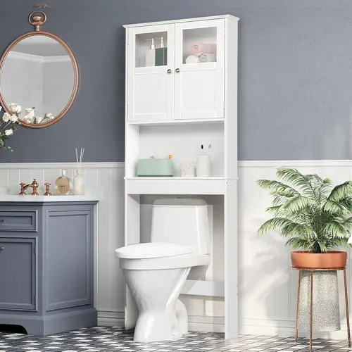 VINGLI 67" Tall Reach Compact Design Multifunctional Storage Cabinet, Organized Multi-Level Shelving Bathroom Furniture, White Waterproof Floor-Mount Cupboard with Adjustable Shelf, 2 Doors, Apartment Indoor Furniture, Assembly Required