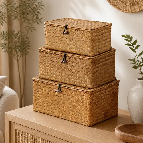 Nonam Handwoven Seagrass Storage Baskets with Lids, Set of 3 Nesting Rectangular Bins, Large Medium Small with Button, Woven Organizer for Bathroom Bedroom Entryway Kids Room, Cestas Organizadoras de Fibra Natural con Tapa para Baño y Dormitorio