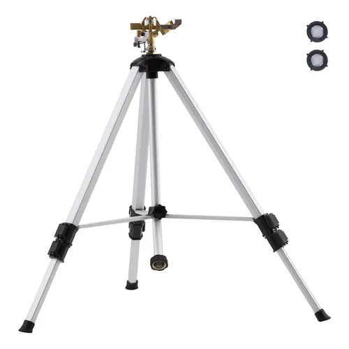 VEVOR Heavy-Duty Garden Impact Sprinkler with Tripod Base, Rust-Resist Brass Spray Head, 3/4" US Hose Fit Connector, 360° Rotation, 5539 Sq. Ft Coverage, 20-80 psi, 22/36/50 in Height Adjust, Quick-Lock Legs, Ideal for Large Lawns, Gray