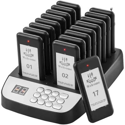 【DealsForYouDays】VEVOR Wireless Restaurant Pager System with 98-Channel Mechanical Keyboard, 500m Long-Range Alert Call Device, LCD Display, 16 Vibration & Flashing Pagers for Food Truck, Church