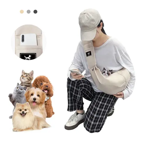 PAWPUBBY Comfortable Hands-Free Cotton Animal Carrier Bag for Small/Medium Dogs & Cats Up to 15lb, Adjustable Strap Buckle, Safety Hook, Snap Closure, Treat Pocket, Eco-Conscious for Daily Activities