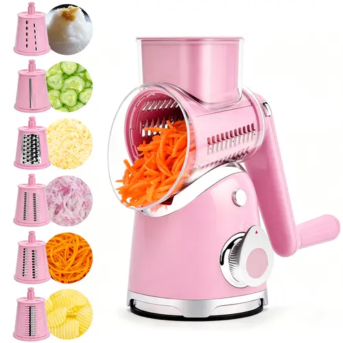 SUSTEAS Durable Stainless Steel Rotary Food Grater with Turn Handle - 5 Replaceable Blades, BPA-Free Stable Suction Cup Base, Compact Vegetable Cutter & Slicer, Easy-to-Clean Tool with Container (New Green Kitchen Utensil, Ideal Gift)