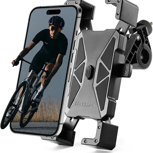 ROCKBROS Silicone Durable Cellphone Holder - 4-point Clamp Hold, Anti-shake TPU & ABS Shockproof Protection, 360° Adjustable Accessory for 4.7"-7" Phones, Bike & Motorcycle Use, Fits iPhone 16/15 Pro Max/Plus, Samsung S9/S10
