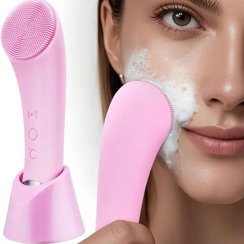 Women's Rechargeable Heatable Silicone Facial Cleansing Brush - 5 Adjustable Vibration, Rechargeable Battery, Deep Pore Scrubber, Gentle Exfoliation, Facial Massage, Radiant Skin, Self Care Products, Gifts for Women (with Charging Cable)