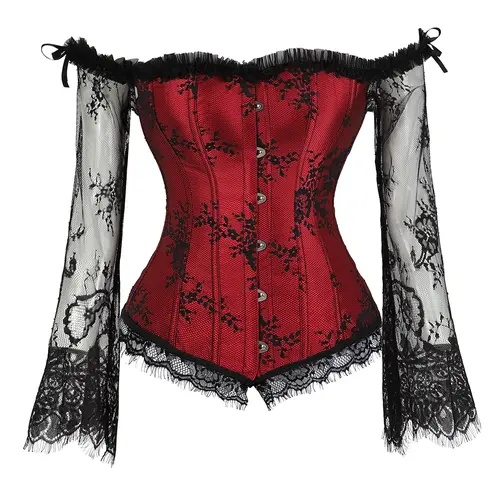 Women's Overbust Lacy Sleeve Off-Shoulder Renaissance Corset Top - Lace-Up Bodice, Tummy Control, Gothic Burlesque Corset Garment, Alt Clothes, Basic Minimalist Women's Halloween Clothes, Style Accessories 8125 D1 (Weddings, Halloween)