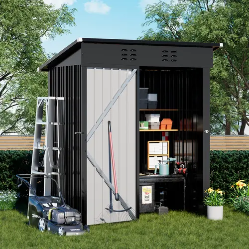 GTPLAYER 5x3FT Metal Garden Shed, Alloy-Powder Coated Lockable Galvanized Steel Patio Shelter, Heavy-Duty Waterproof Outdoor Storage with Sloping Roof, Top Vents, Assembly Guide, Maximizes Space Utilization, Keeps Space Cool, 2-3 Person Setup for Backyard