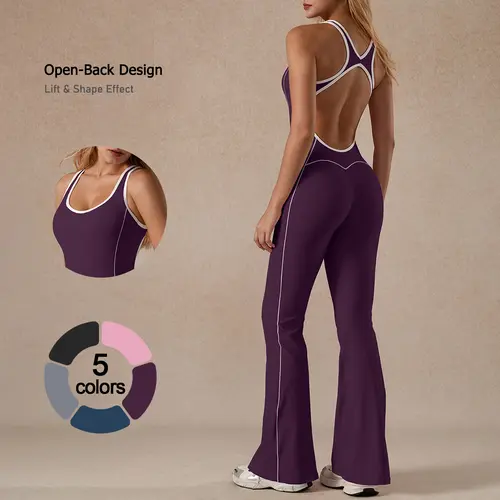 TimeOFF Women's 2-Piece Cut-Out Back Sleeveless Sportswear Jumpsuit Set - Flared Leggings, Lift & Shape Effect, Solid Color, Activewear Finds for Yoga & Gym, Everyday Workout Use